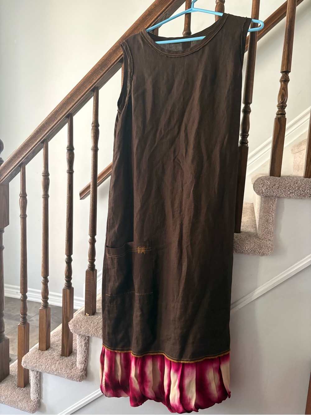 Miller & Bertaux Paris Linen Brown Sleeveless Dress with Pink Tie-Dye Hem